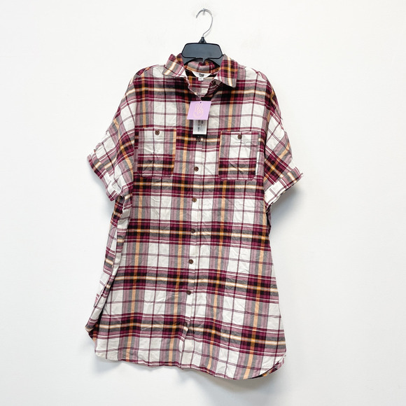 Ascot & Hart NWT Women's XS Purple Brown Plaid Graphic Button Down Shirt Dress - Picture 2 of 5